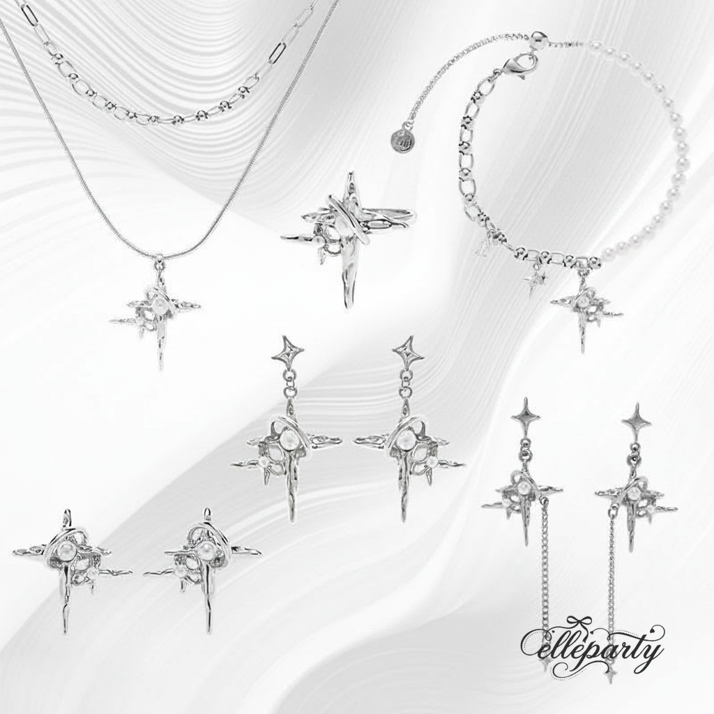 Sculptural Four Pointed Star Pearl Jewelry Set